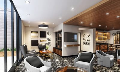 Stylish common area with seating and artwork