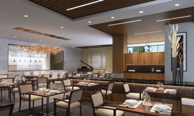 Elegant dining room with tables set for a meal