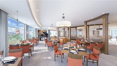 Elegant dining room with modern decor and seating