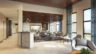 Bright dining area with modern furniture and large windows