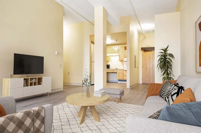 Interior view of a cozy living room in a senior apartment