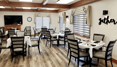 Bright dining room with tables and chairs