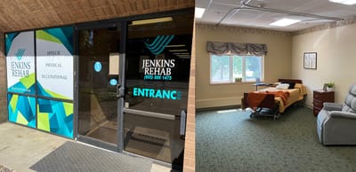 Entrance to Jenkins Rehab facility with signage and interior room