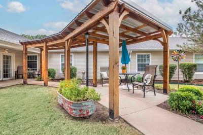 Outdoor seating area with shaded structure