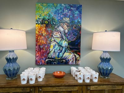 Interior decor featuring vibrant artwork and lamps