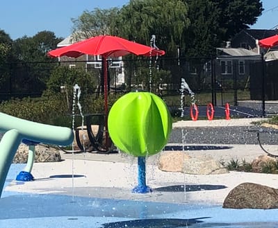 Colorful water play feature in an outdoor space