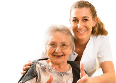 A caregiver and resident giving thumbs up together