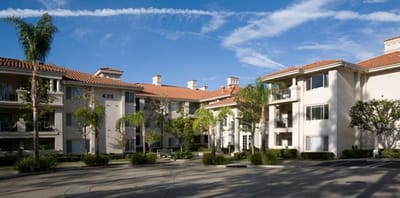 Exterior view of Palacio Senior Apartments with palm trees