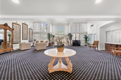 Interior view of a common area with seating and decor