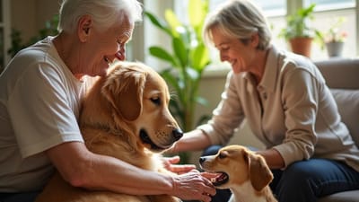 Residents enjoying time with therapy dogs in a cozy room