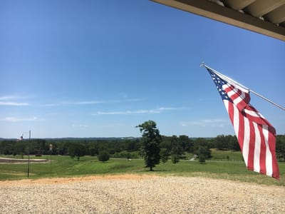 View of a green landscape with an American flag