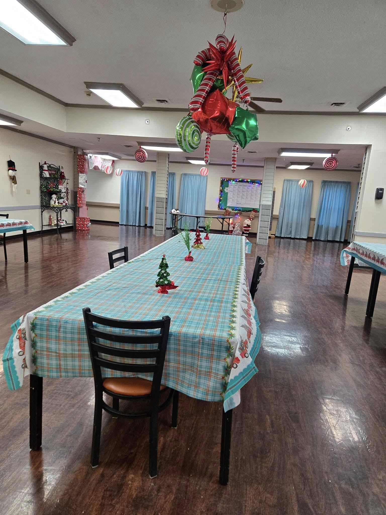 A decorated common area for holiday celebrations