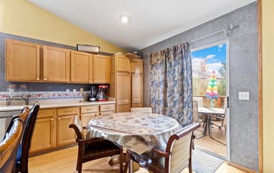 Kitchen area with a view of an outdoor deck