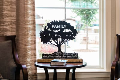 Decorative tree sculpture in the facility's lobby