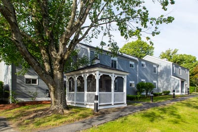 Exterior view of building with gazebo and tree.