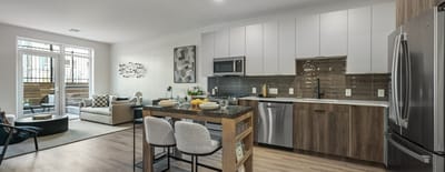 Modern kitchen and living area in a senior residence