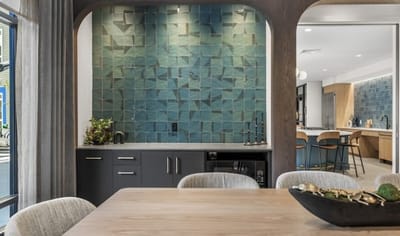 Modern interior common space with green tile