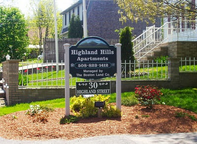 Sign at Highland Hills Apartments entrance