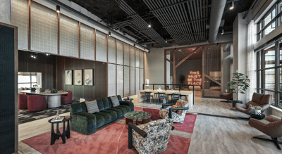 Contemporary common area with seating and decor.