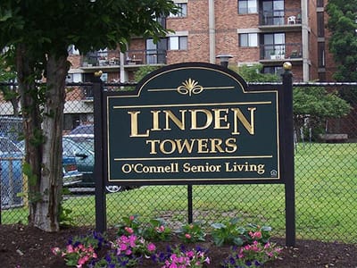 Sign for Linden Towers senior living facility