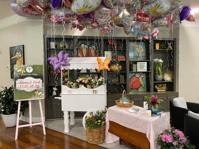 Decorative setup for a Mother's Day celebration.