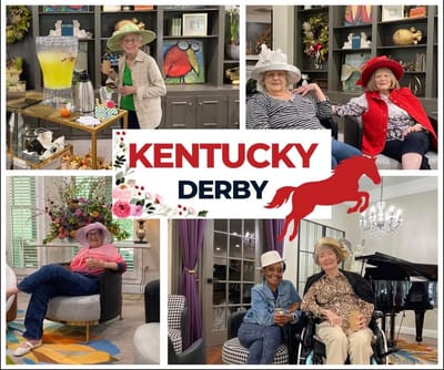Residents enjoying a Kentucky Derby-themed party.
