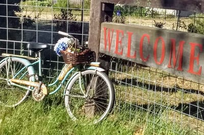 Bicycle with a basket next to a 'Welcome' sign