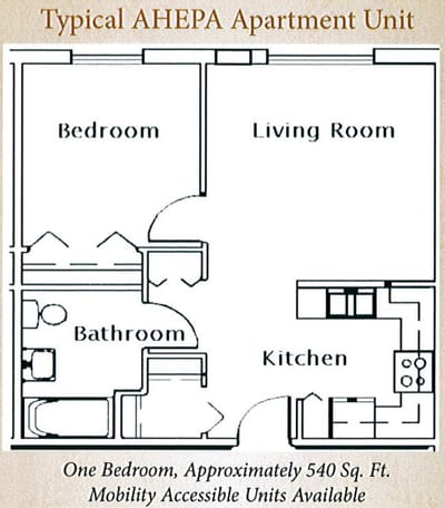 Floor plan of a typical one-bedroom apartment unit
