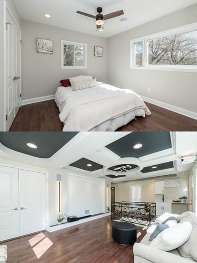 Interior shots of a modern bedroom and living area