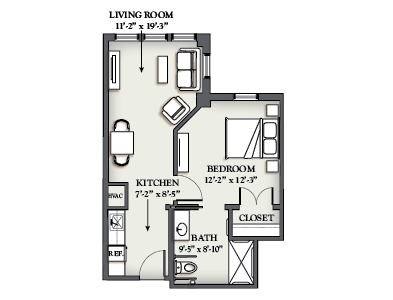 Floor plan of a one-bedroom apartment
