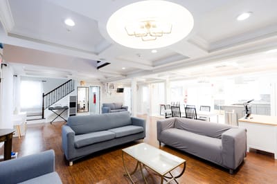 Common area with seating in a well-lit interior