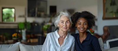 Two women smiling together in a cozy living room