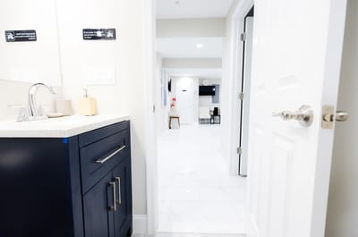 Interior view of a bathroom with modern fixtures