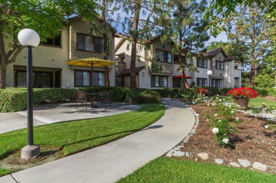 Pathway through landscaped outdoor space with seating