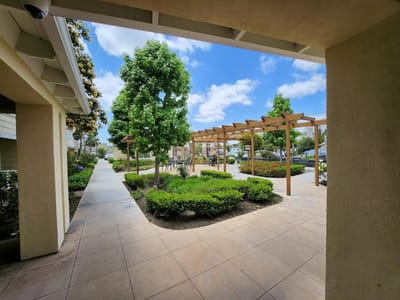 Lush outdoor garden with walking paths and pergola