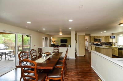 Dining area in a well-lit assisted living facility