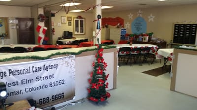 Interior decorated common area for holiday celebration