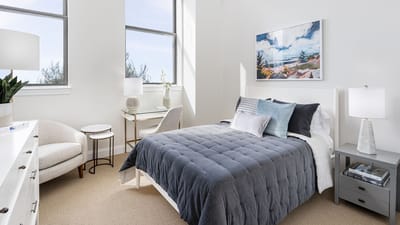 Cozy bedroom with modern decor and natural light