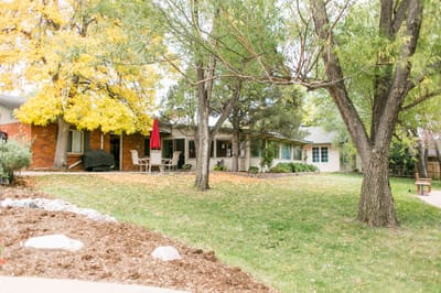 Outdoor space with trees and patio seating