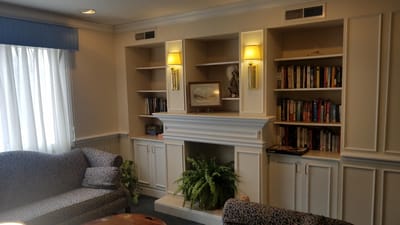 Interior view of a cozy lounge area with bookshelves