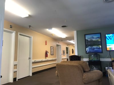 Interior view of a common area with seating and decorations