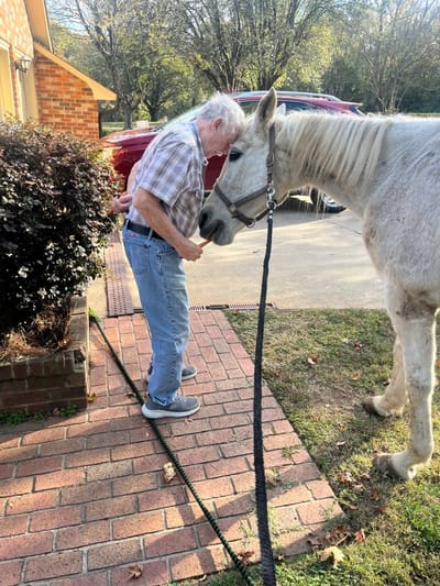 A resident interacts with a horse outside the facility