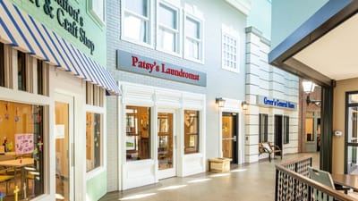 Interior view of a community space with shops