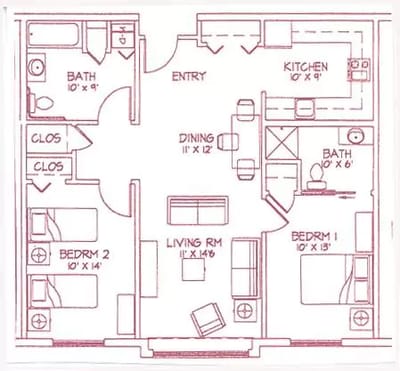 Architectural floor plan for a resident unit layout