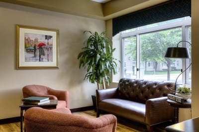 Cozy interior lounge area with furniture and plants