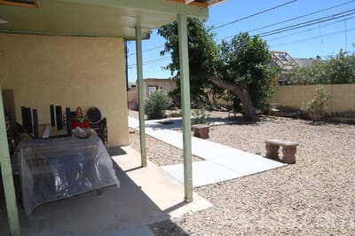 Outdoor space with a pathway and seating area