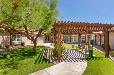 Outdoor courtyard with shaded seating area