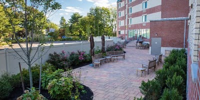 Outdoor seating area with benches and plants