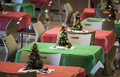 Tables decorated for a festive celebration at the facility