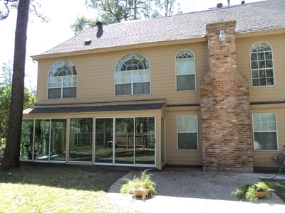 Exterior view of a building with large windows